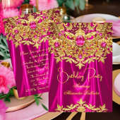 Elegant Hot Pink gems Gold Lace Damask Birthday Kaart