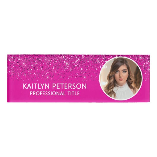 Elegant Hot Pink Glitter Employee Photo ID Naambadge (Voorkant)