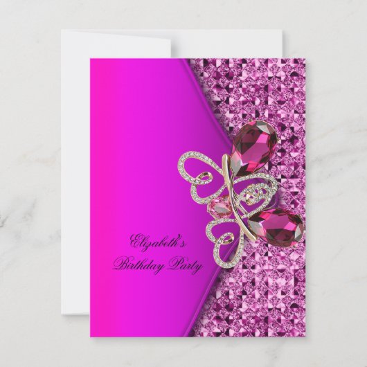 Elegant Hot Pink Glitter Jewel Birthday Party Kaart (Voorkant)