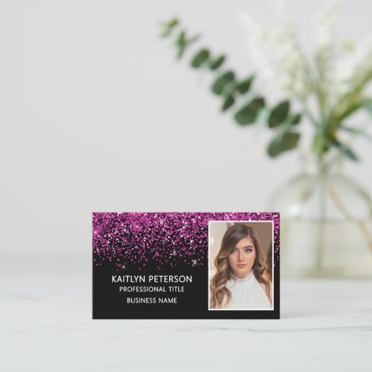 Elegant Hot Pink Glitter Photo QR Code  Visitekaartje (Staand voorkant)