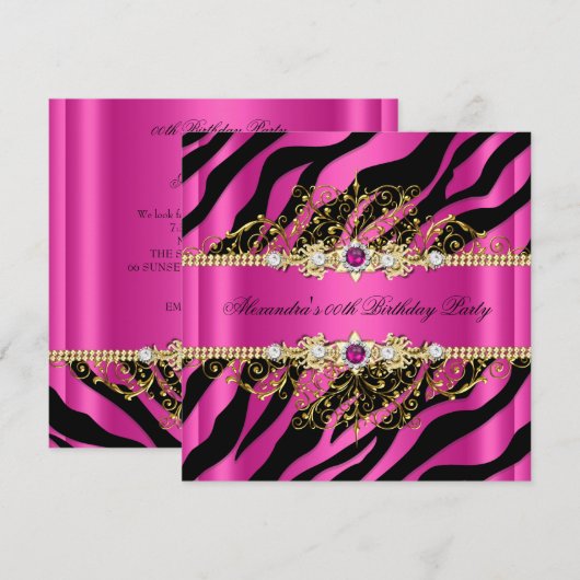 Elegant Hot Pink Gold Black Zebra Birthday 2 Kaart (Voorkant / Achterkant)