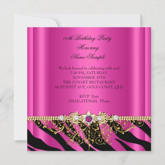 Elegant Hot Pink Gold Black Zebra Birthday 2 Kaart (Achterkant)