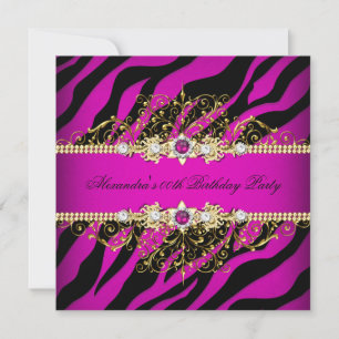 Elegant Hot Pink Gold Black Zebra Birthday Party Kaart