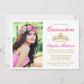 Elegant Hot Pink Gold Crown Foto Quinceanera Kaart (Voorkant)