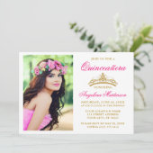 Elegant Hot Pink Gold Crown Foto Quinceanera Kaart (Staand voorkant)