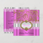 Elegant Hot Pink Gold Damask Loace Birthday Party Kaart (Voorkant / Achterkant)