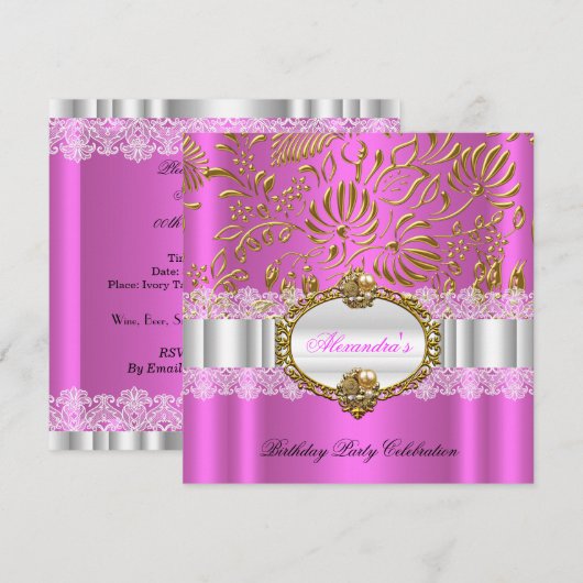 Elegant Hot Pink Gold Damask Loace Birthday Party Kaart (Voorkant / Achterkant)