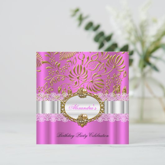 Elegant Hot Pink Gold Damask Loace Birthday Party Kaart (Staand voorkant)