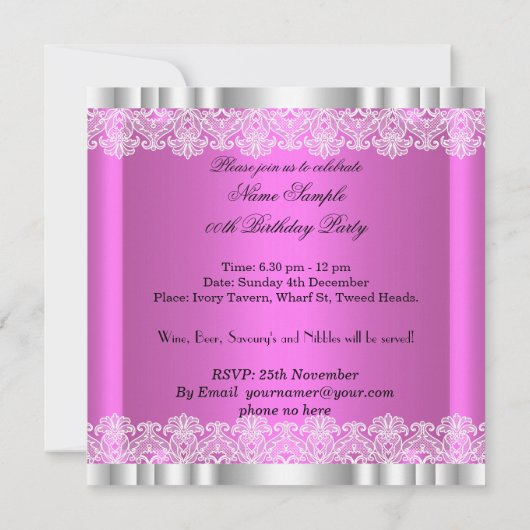 Elegant Hot Pink Gold Damask Loace Birthday Party Kaart (Achterkant)