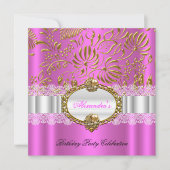 Elegant Hot Pink Gold Damask Loace Birthday Party Kaart (Voorkant)