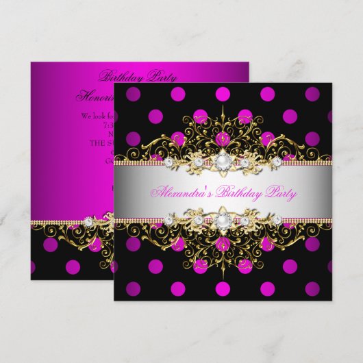 Elegant Hot Pink Gold White Black Polka Dot Party Kaart (Voorkant / Achterkant)