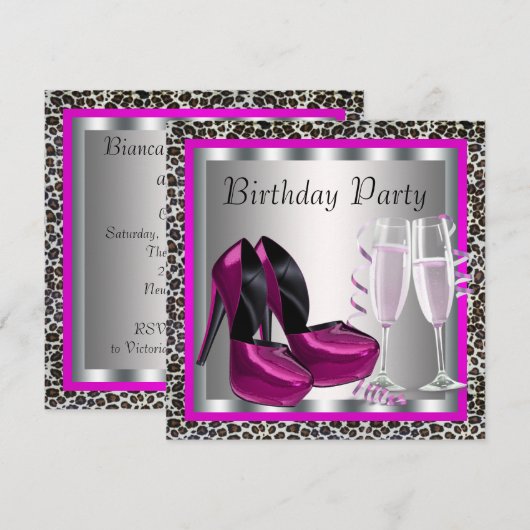 Elegant Hot Pink Leopard verjaardagsfeestje Kaart (Voorkant / Achterkant)