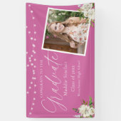 Elegant Hot Pink Photo Floral Afstuderen Spandoek (Verticaal)