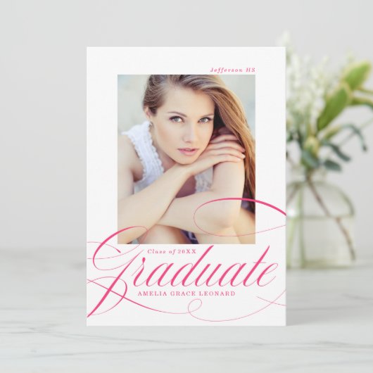 Elegant Hot Pink Script Photo Afstuderen Aankondiging (Staand voorkant)