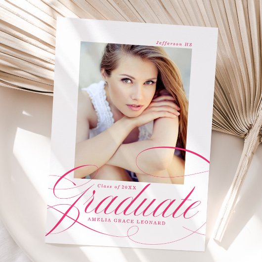 Elegant Hot Pink Script Photo Afstuderen Aankondiging
