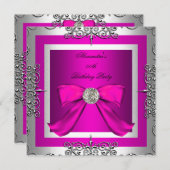 Elegant Hot Pink Silver Birthday Party Kaart (Voorkant / Achterkant)