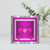 Elegant  Hot Pink Silver Birthday Party Kaart (Staand voorkant)