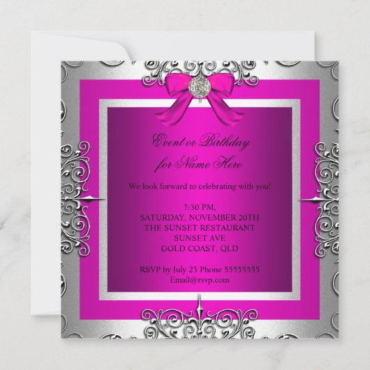 Elegant Hot Pink Silver Birthday Party Kaart (Achterkant)