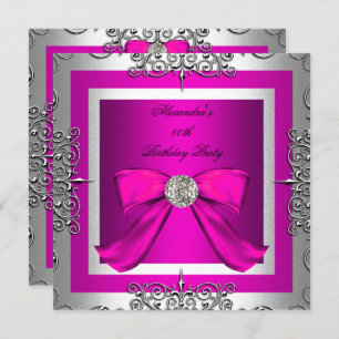 Elegant  Hot Pink Silver Birthday Party Kaart