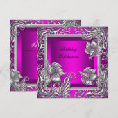 Elegant Hot Pink Silver Floral Birthday Party Kaart (Voorkant / Achterkant)