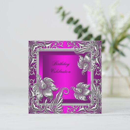 Elegant Hot Pink Silver Floral Birthday Party Kaart (Staand voorkant)