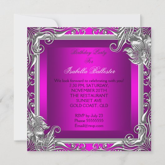 Elegant Hot Pink Silver Floral Birthday Party Kaart (Achterkant)
