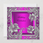 Elegant Hot Pink Silver Floral Birthday Party Kaart (Voorkant)