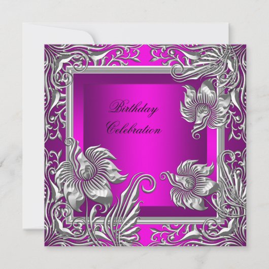 Elegant Hot Pink Silver Floral Birthday Party Kaart (Voorkant)