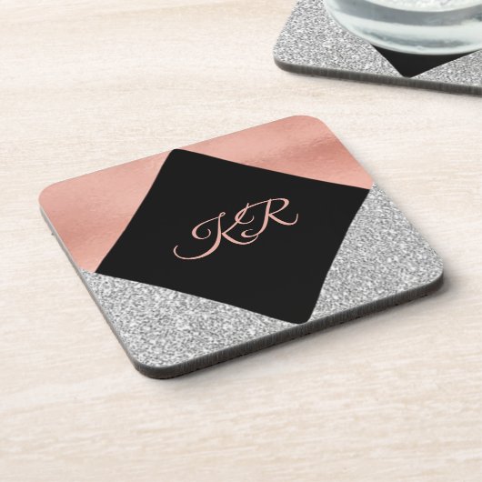 Elegant Hot Pink Silver Glitter Monogram zwart Bier Onderzetter (Linkerzijde)
