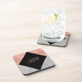 Elegant Hot Pink Silver Glitter Monogram zwart Bier Onderzetter (Rechterzijde)