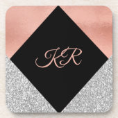 Elegant Hot Pink Silver Glitter Monogram zwart Bier Onderzetter (Voorkant)