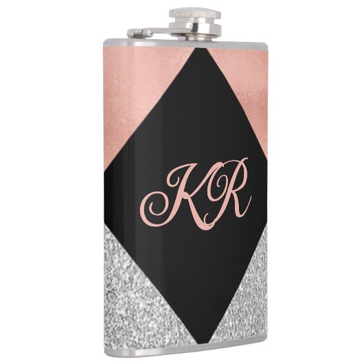 Elegant Hot Pink Silver Glitter Monogram zwart Heupfles (Rechts)