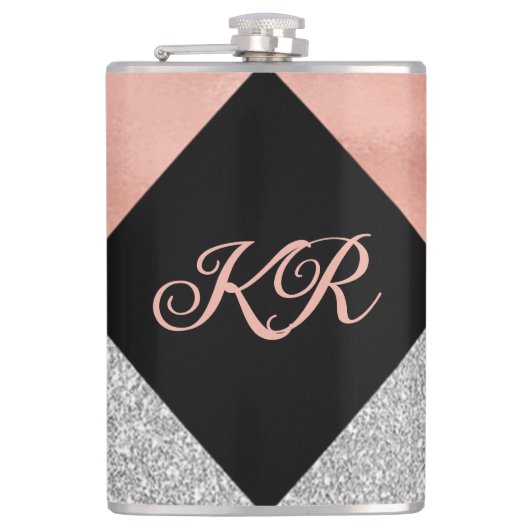 Elegant Hot Pink Silver Glitter Monogram zwart Heupfles (Voorkant)