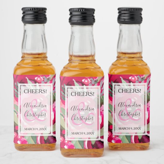 Elegant Hot Pink Waterverf Floral Wedding Mini Likeurfles Etiket (Flessen)