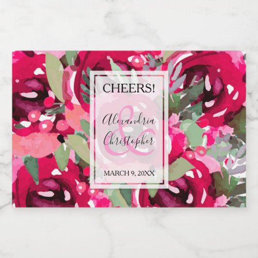 Elegant Hot Pink Waterverf Floral Wedding Mini Likeurfles Etiket (Enkel label)