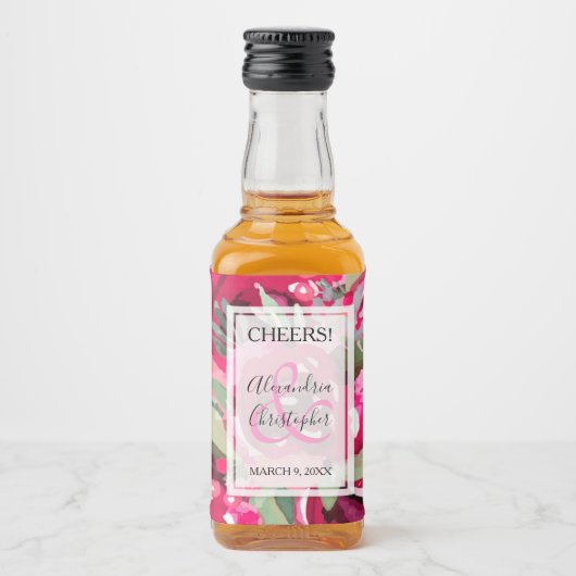 Elegant Hot Pink Waterverf Floral Wedding Mini Likeurfles Etiket (Voorkant)