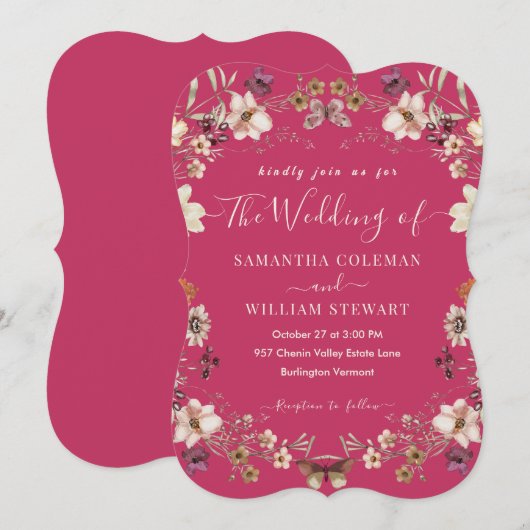 Elegant Hot Pink Wildflower Modern Wedding Kaart (Voorkant / Achterkant)