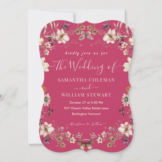 Elegant Hot Pink Wildflower Modern Wedding Kaart (Voorkant)