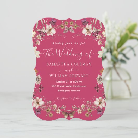 Elegant Hot Pink Wildflower Modern Wedding Kaart (Staand voorkant)