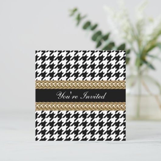 Elegant Houndstooth Black White Gold Party Invite Kaart (Staand voorkant)