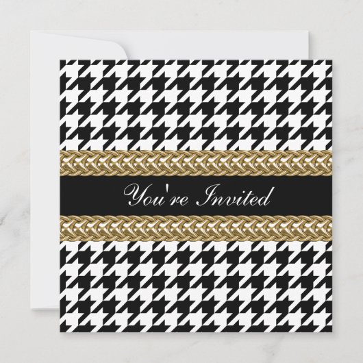 Elegant Houndstooth Black White Gold Party Invite Kaart (Voorkant)