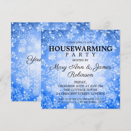 Elegant Housewarming Party Blue Winter Bokeh Kaart (Voorkant / Achterkant)