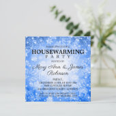Elegant Housewarming Party Blue Winter Bokeh Kaart (Staand voorkant)