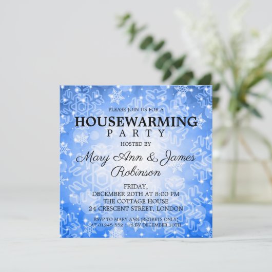 Elegant Housewarming Party Blue Winter Bokeh Kaart (Staand voorkant)