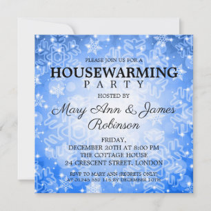 Elegant Housewarming Party Blue Winter Bokeh Kaart