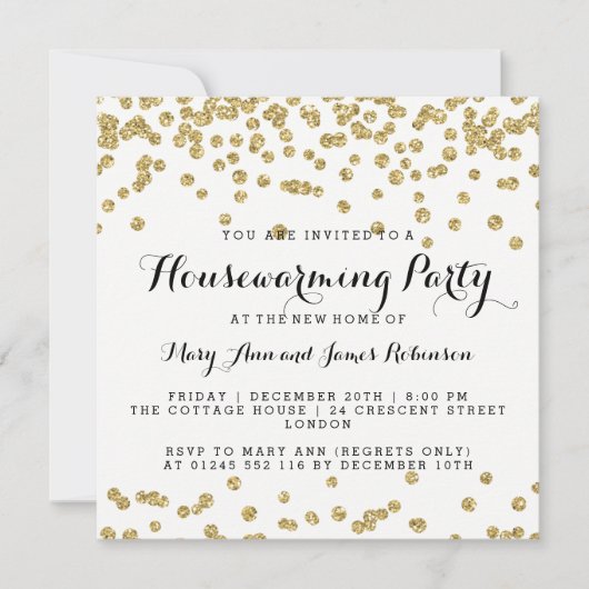 Elegant Housewarming Party Gold Glitter Confetti Kaart (Voorkant)