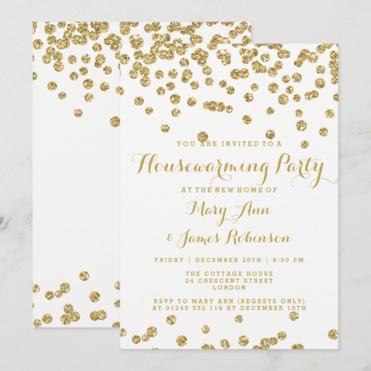 Elegant Housewarming Party Gold Glitter Confetti Kaart (Voorkant / Achterkant)