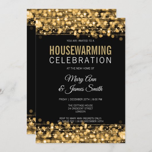 Elegant Housewarming Party Gold Lights & Sparkles Kaart (Voorkant / Achterkant)