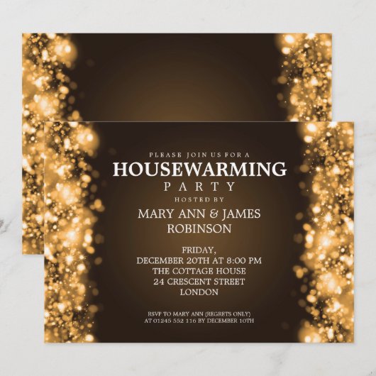 Elegant Housewarming Party Gold Sparking Lights Kaart (Voorkant / Achterkant)