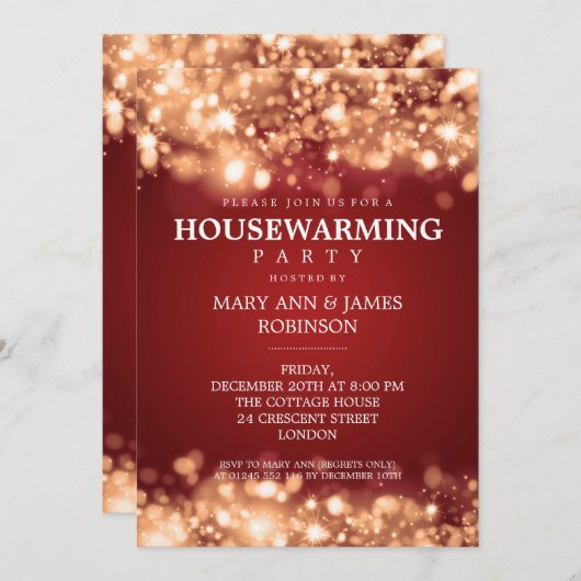 Elegant Housewarming Party Gold Sparking Lights Kaart (Voorkant / Achterkant)